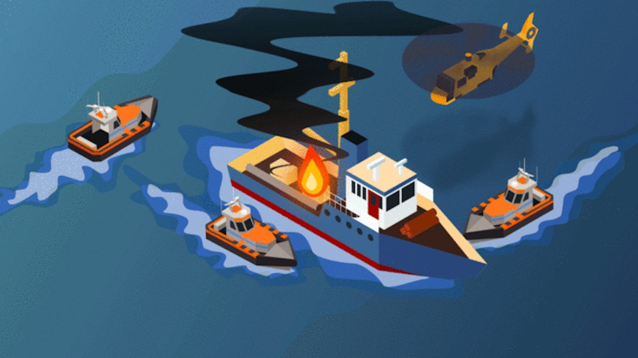 Brandend schip omringd door reddingsboten